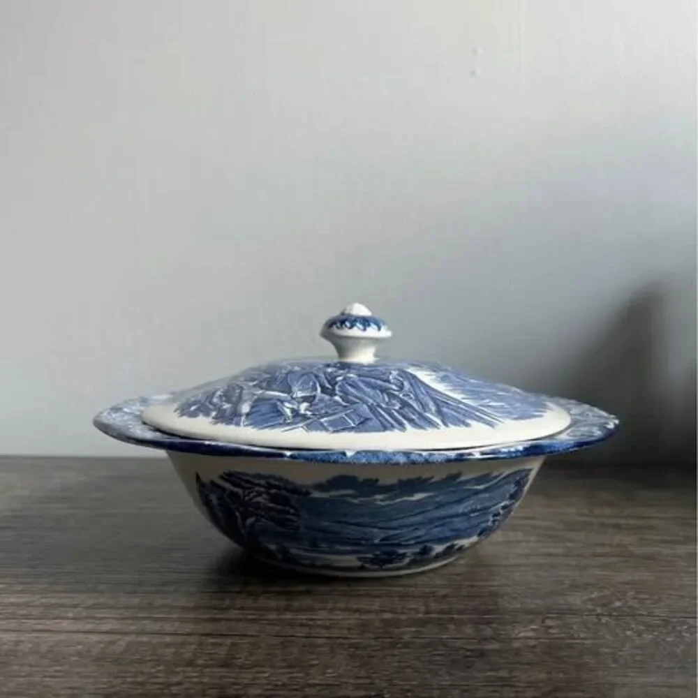 Vintage Blue and White Liberty Blue Boston Tea Party Casserole Dish with Lid